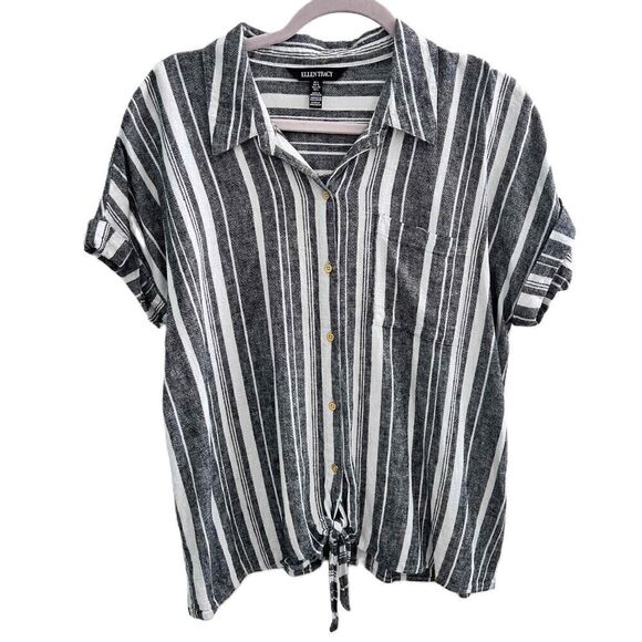 Ellen Tracy Tops - Ellen Tracy mariner tie front LINEN Shirt top Large Blue White Stripes ButtonS